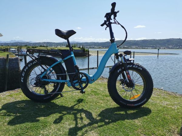 electric two wheel blue bicycle by the sea