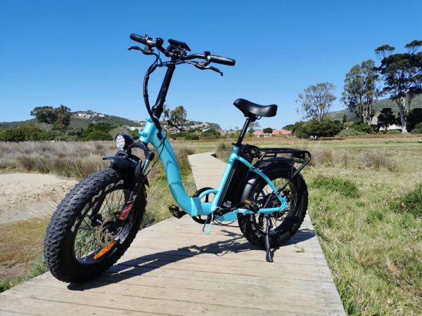 Electric bicycle blue with thick tyres on the farm