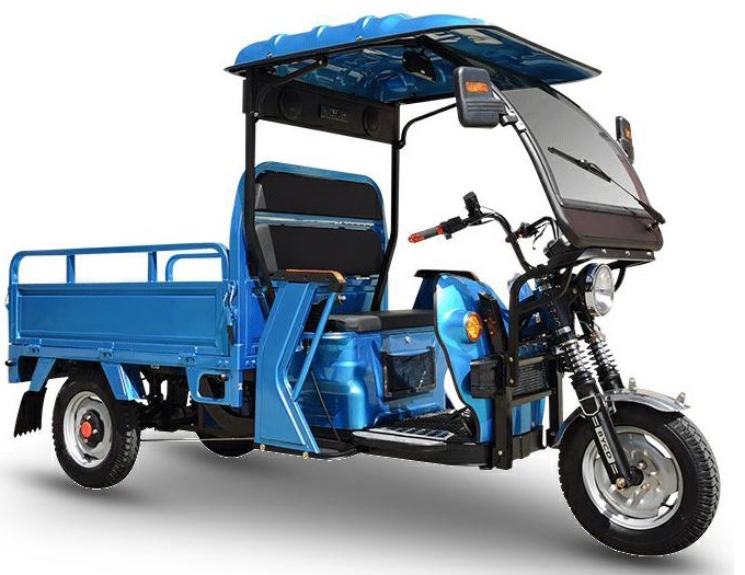blue electric Impi bike bakkie with roof and windscreen solar installations available