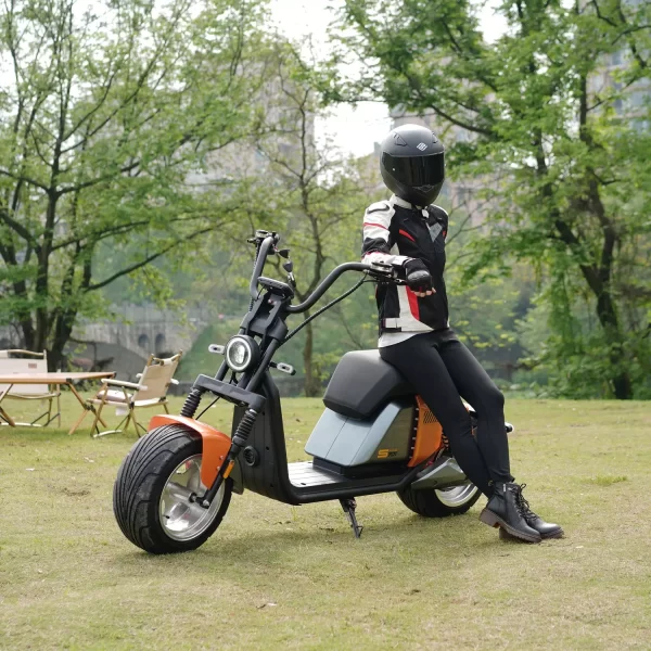 orange super 701 electric bicycle on a game lodge